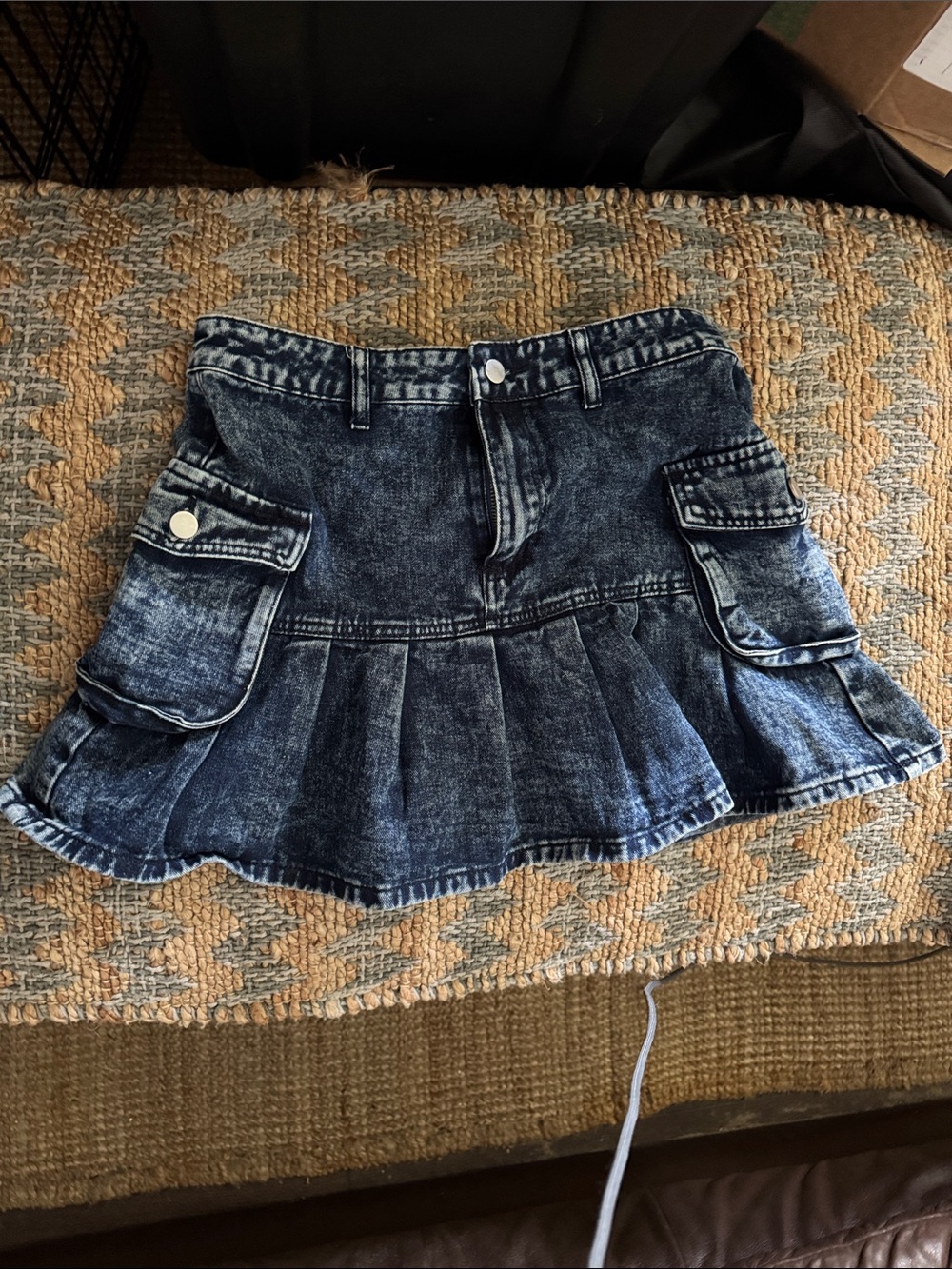 SHEIN Dark Blue Washed Denim Mini Skirt with Cargo Pockets L